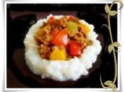 Raffinierte bunte Paprikapfanne  mit Hackfleisch und Reis dazu - Rezept