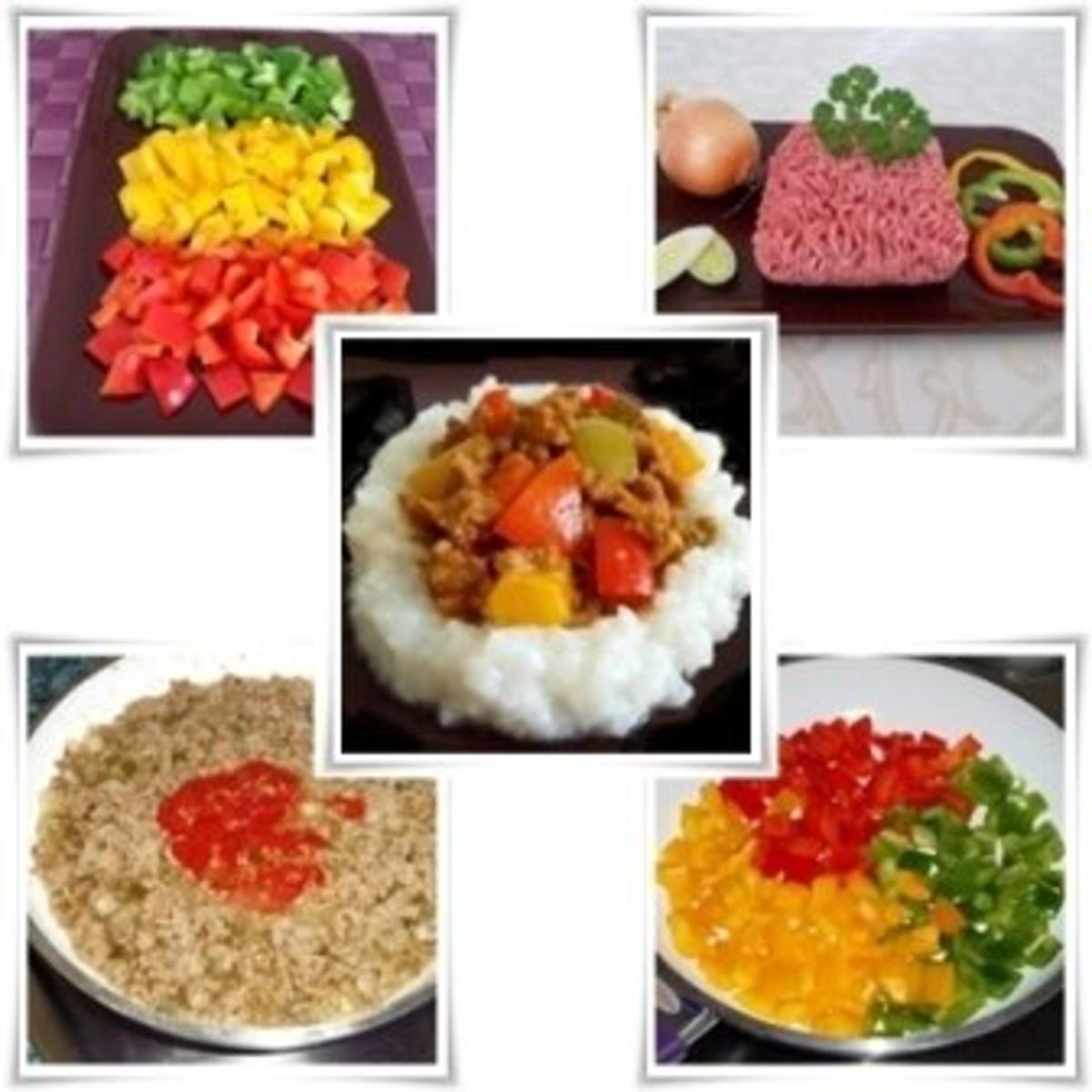 Raffinierte bunte Paprikapfanne  mit Hackfleisch und Reis dazu - Rezept - Bild Nr. 4