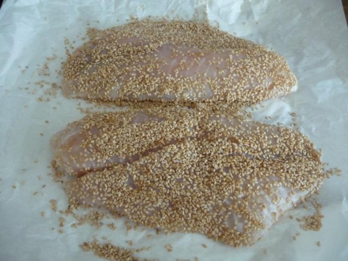 Fisch : Tilapia im Sesam paniert an Kartoffel - Gemüsebrei - Rezept - Bild Nr. 2