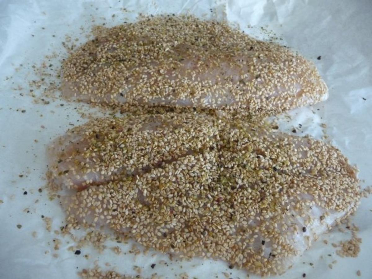 Fisch : Tilapia im Sesam paniert an Kartoffel - Gemüsebrei - Rezept - Bild Nr. 3