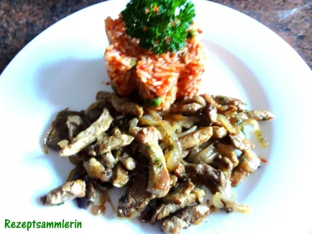 Fleisch:    ZWIEBELFLEISCH an pikantem Gemüsereis - Rezept