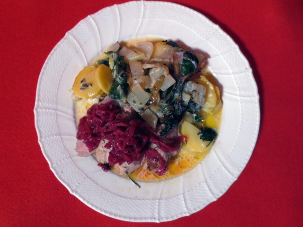 Schweinefilet mit roten Zwiebeln und Cassis, dazu Mangoldgratin mit
Gorgonzola - Rezept Eingereicht von Das perfekte Dinner