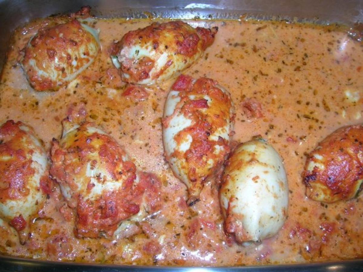 Calamarituben, gefüllt mit Spinat + Schafskäse, an Polenta + Tomatensauce - Rezept - Bild Nr. 6