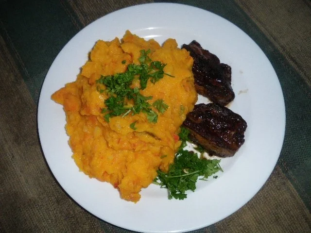 Kürbis-Kartoffelbrei mit Rinderleber - Rezept