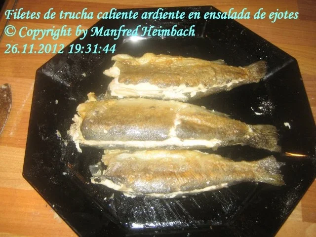 Rezept: Fisch - Filetes de trucha caliente ardiente en ensalada de ejotes Bild Nr. 3 Fisch - Filetes de trucha caliente ardiente en ensalada de ejotes - Rezept - Bild Nr. 3