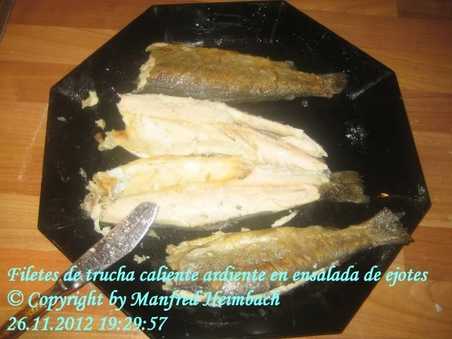 Rezept: Fisch - Filetes de trucha caliente ardiente en ensalada de ejotes Bild Nr. 4 Fisch - Filetes de trucha caliente ardiente en ensalada de ejotes - Rezept - Bild Nr. 4