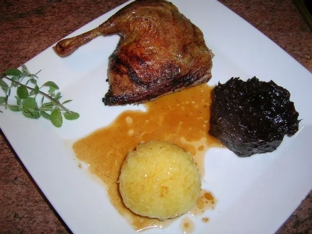 1. Advent-Menü (Entenbraten mit gezupftem Rotkohl , Riesengarnelen auf winterlichem Salat - Rezept