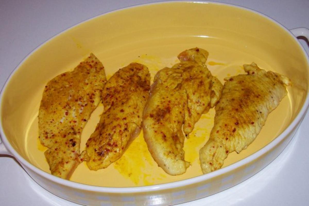 Curry-Hähnchenbrust mit Pfirsich und Schinken unter einer Kräuter-Senf-Haube - Rezept - Bild Nr. 3