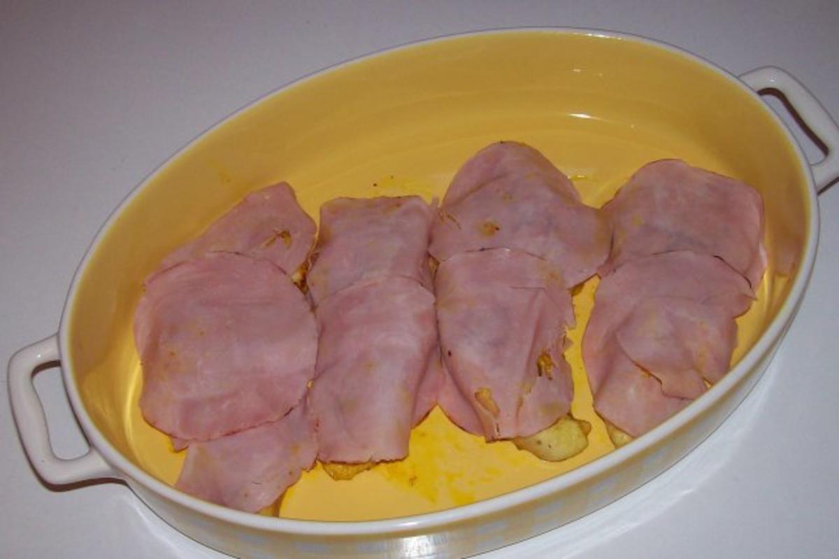 Curry-Hähnchenbrust mit Pfirsich und Schinken unter einer Kräuter-Senf-Haube - Rezept - Bild Nr. 4