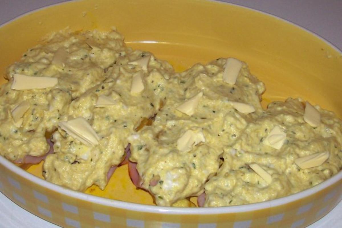 Curry-Hähnchenbrust mit Pfirsich und Schinken unter einer Kräuter-Senf-Haube - Rezept - Bild Nr. 9