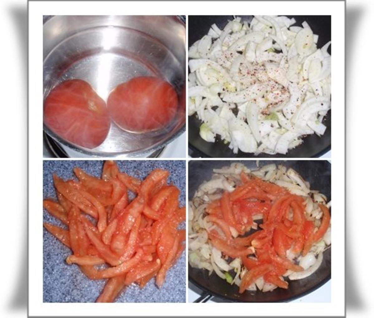 Seezunge auf gebratenem Fenchel-Tomatengemüse, Kartoffelpüree und Safran-Vanille-Sauce - Rezept - Bild Nr. 3