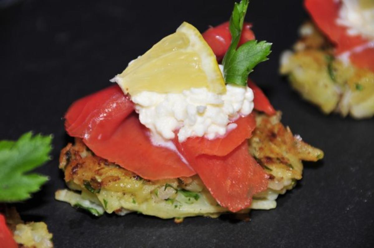 Bilder für Tapas & Fingerfood: Mini Rösti mit Lachs und Sahnekren - Rezept