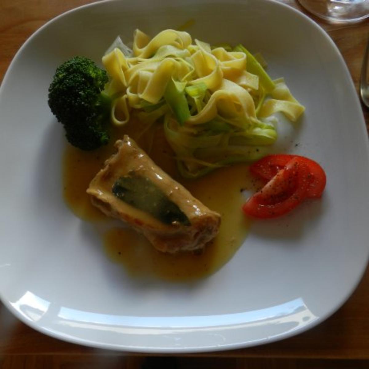Gefüllte Salbei-Schnitzel mit Lauch-Bandnudeln - Rezept - kochbar.de