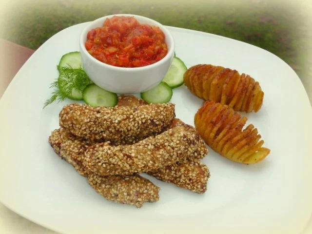 Marinierte Hähnchen-Streifen umhüllt von Sesampanade mit Fächerkartoffeln - Rezept - Bild Nr. 14