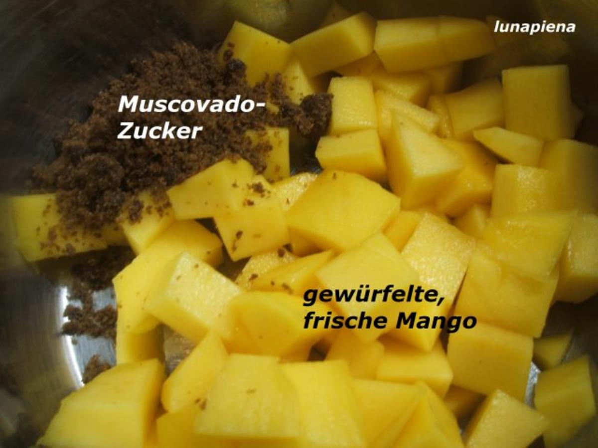 Dessert: Mandelkrokantsplitter mit Schokosahne und Mangoragout - Rezept - Bild Nr. 10