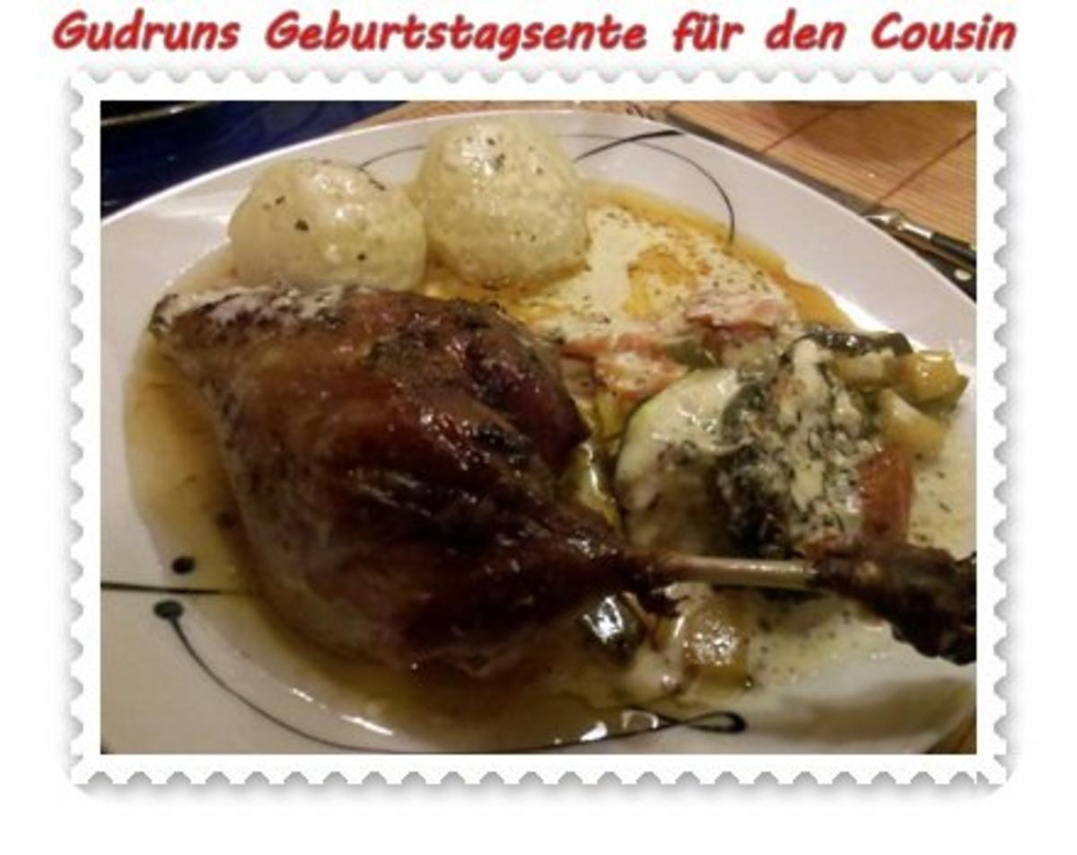 Bilder für Geflügel: Kräuterschlemmerente mit Ofengemüse, Gorgonzolasoße und Klöße - Rezept