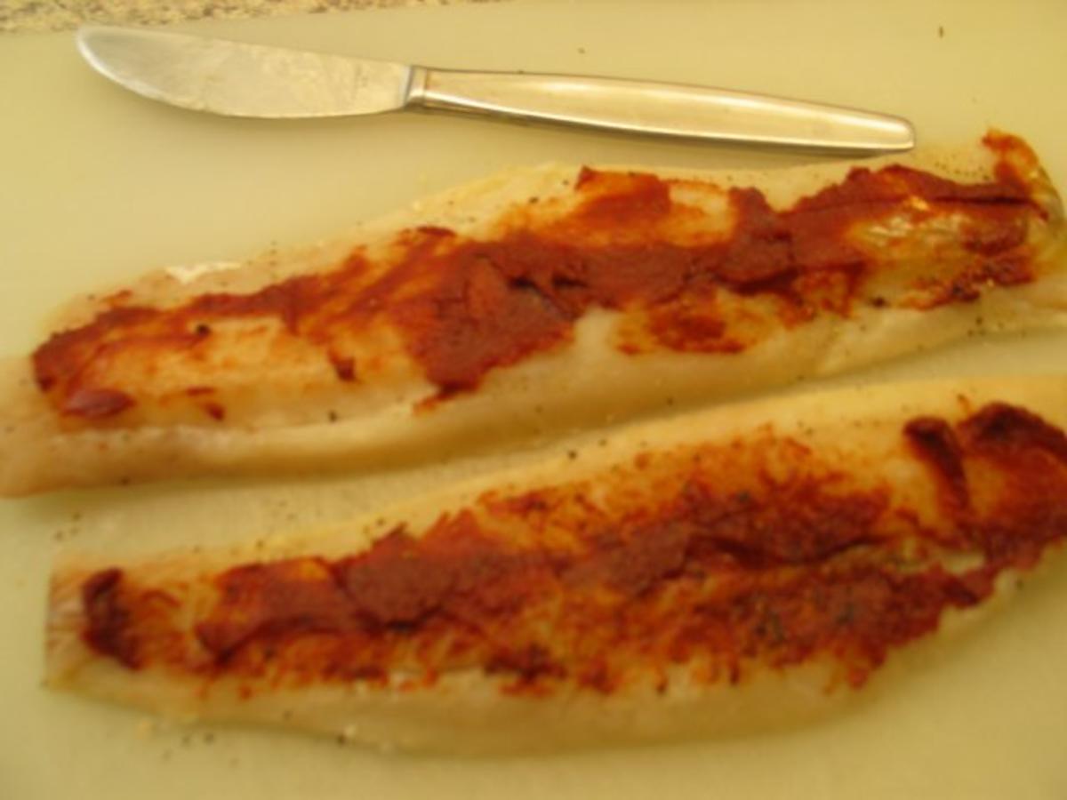 Fisch: Tomaten-Seelachsfilet mit einem Salbei-Sahne-Sößchen - Rezept - Bild Nr. 3