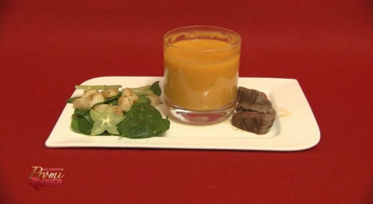 Spinat-Sternfruchtsalat mit Rinderhüftsteak, Kürbis-Ingwersuppe (Georgina Bülowius) - Rezept