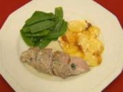 Schweinefilet mit Gorgonzolasoße, Kaiserschoten und Kartoffelgratin - Rezept