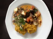 Kräutersaitlingsragout mit Püree von roten Linsen - Rezept