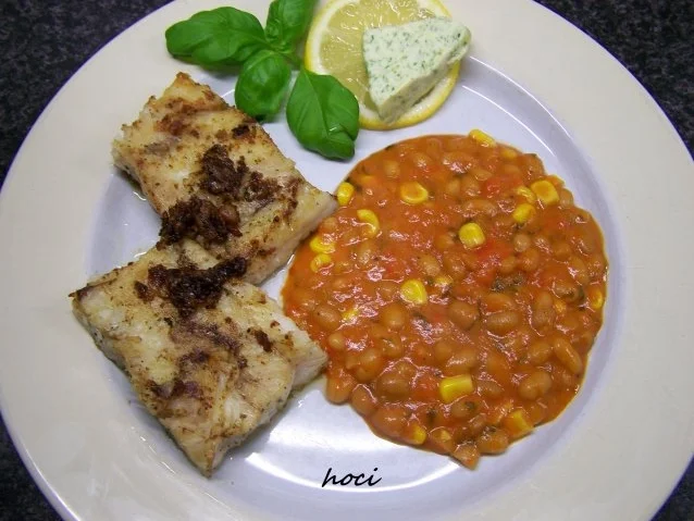 Rezept: Filet von Alaska-Seelachs beim roten Meer weisser Bohnen.... Filet von Alaska-Seelachs beim roten Meer weisser Bohnen.... - Rezept