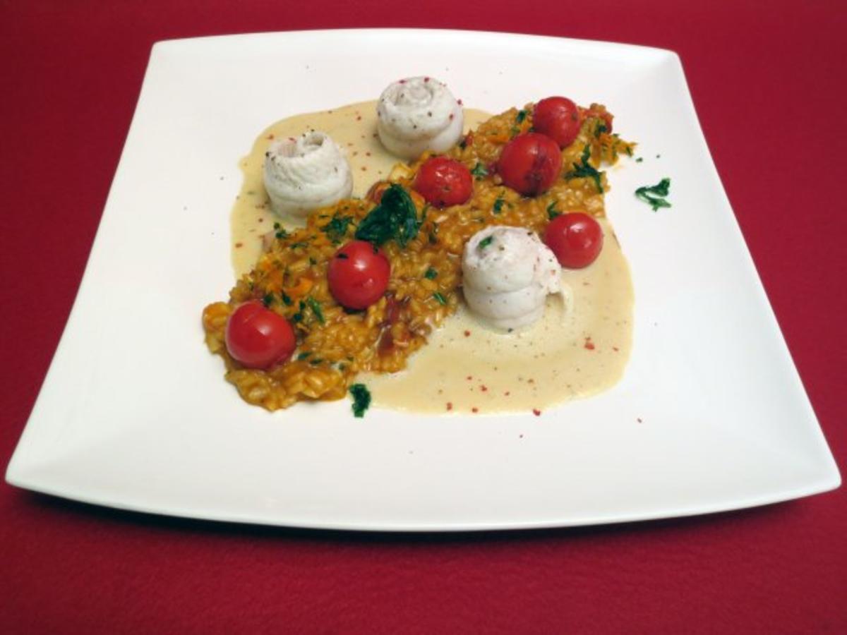 Flusskrebs-Risotto mit Seezungenfiletröllchen und Limetten-Senf-Soße ...