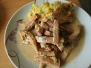 Leberkäsegeschnetzeltes mit Kartoffel Möhren Sellerie Stampf - Rezept