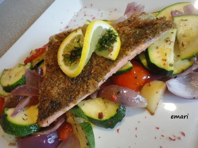 Lachs Forelle mit Brösel Kruste und Pfannen Gemüse - Rezept - Bild Nr. 2