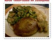 Fisch: Tandoori-Seelachs mit Zucchinigemüse und Kartoffelbratling - Rezept
