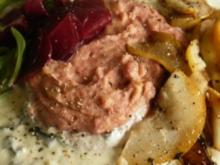 Kartoffel-Rote-Bete-Püree, Balsamico-Birnen und Gorgonzola-Sahne-Soße - Rezept