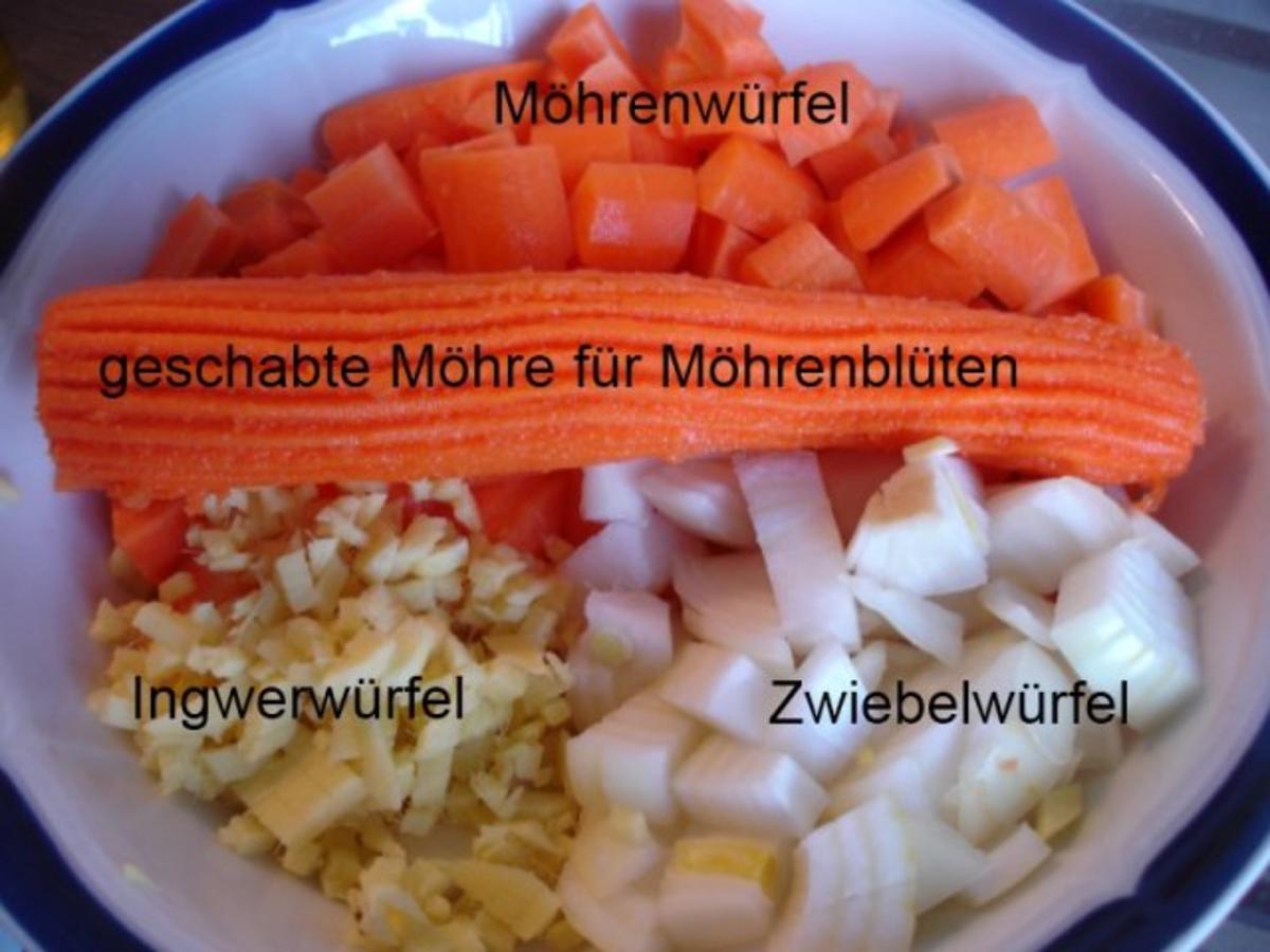 Möhrensuppe mit Ingwer und Möhrenblüten-Mettbällchenspieß - Rezept - Bild Nr. 4