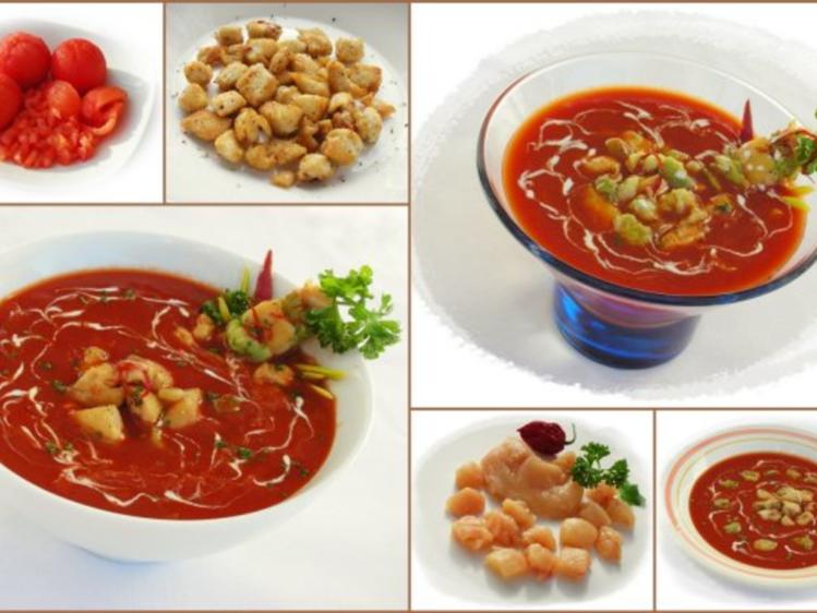 Tomaten-Chili-Suppe mit Hähnchenfleisch und Avocado - Rezept - kochbar.de