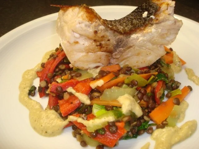 Red Snapper mit Linsengemüse und Kokosnusscreme - Rezept