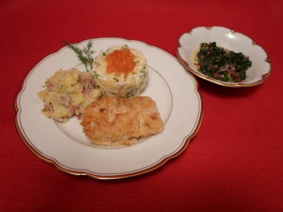 Hoki-Filet mit Eier-Käse-Panade, Blattspinat und Kartoffelvariation - Rezept