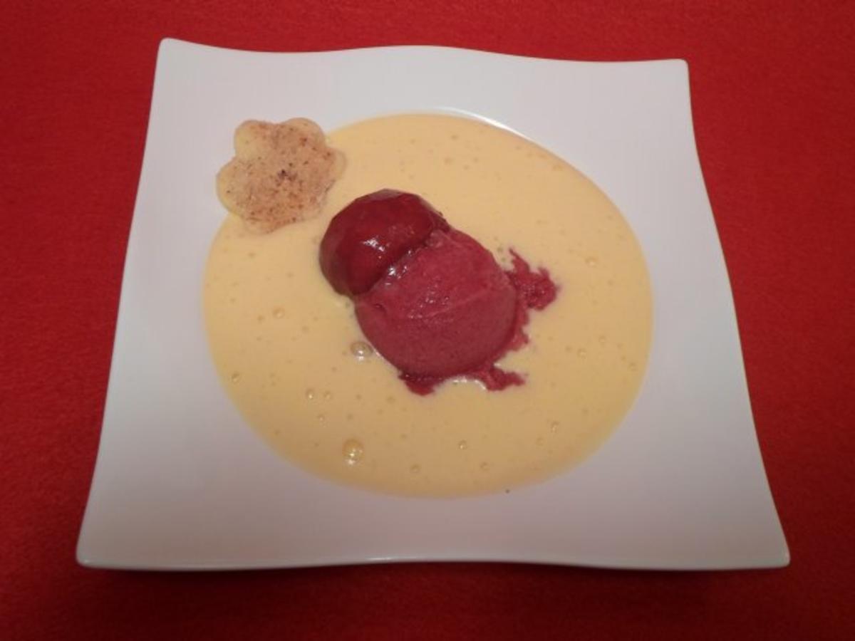 Sorbet von rotem Weinberg-Pfirsich mit Mandelkeks und Sabayone - Rezept
Durch Das perfekte Dinner