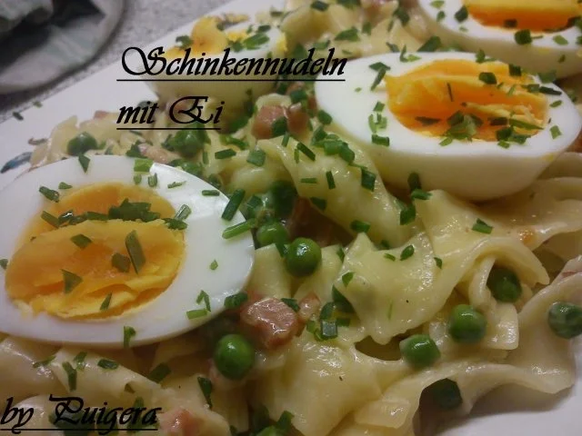 Rezept: Schinkennudeln mit Erbsen und Ei Schinkennudeln mit Erbsen und Ei - Rezept
