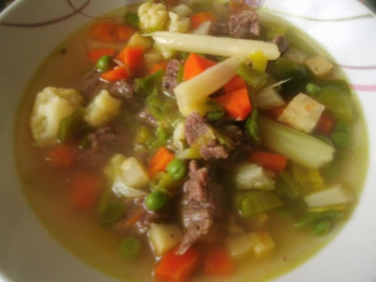 Klare Rindfleischsuppe mit Gemüse und Nudeln - Rezept - kochbar.de