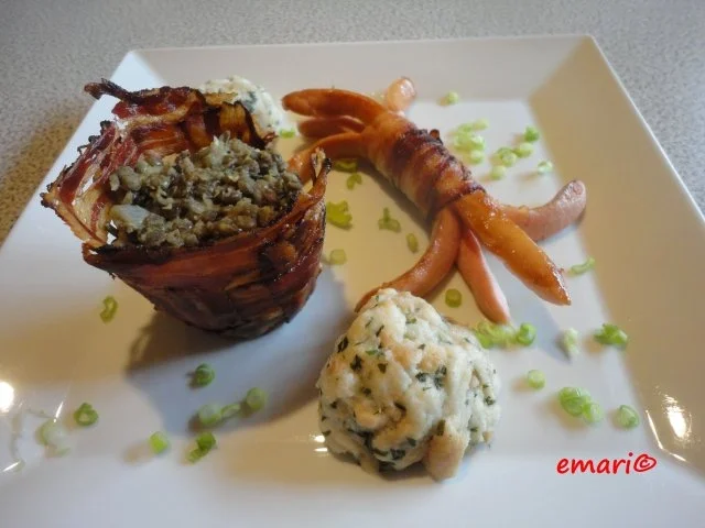 Rezept: Curry Linsen im geflochtenen Speck Schüsserl Curry Linsen im geflochtenen Speck Schüsserl - Rezept