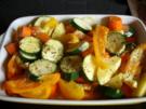 Gemüsemix aus dem Ofen mit Kräuterdip und Bulette - Rezept