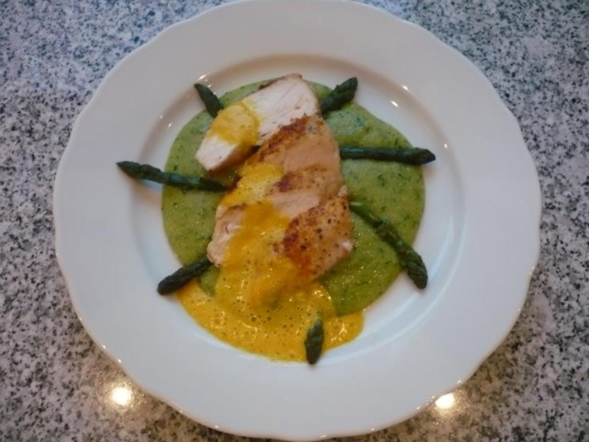 Surpreme vom Hühnchen auf Bärlauchpolenta mit grünem Spargel und ...