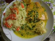 Gemüsereis mit 2 Sorten  Fisch in Sahnedillsauce - Rezept