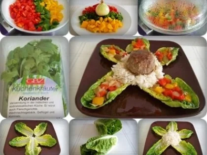 Kräuter Buletten auf Reisbett und bunter Paprikasalat auf  Romanasalat - Rezept - Bild Nr. 17