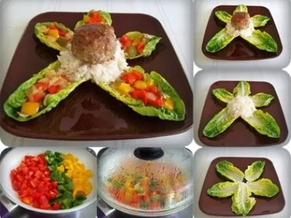 Kräuter Buletten auf Reisbett und bunter Paprikasalat auf  Romanasalat - Rezept - Bild Nr. 2