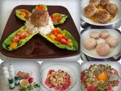 Kräuter Buletten auf Reisbett und bunter Paprikasalat auf  Romanasalat - Rezept - Bild Nr. 12