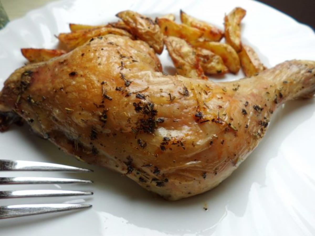 Geflügel, Huhn: Hähnchenkeule in Aroma-Lackmantel an Ofenkartoffeln "Olivia" - Rezept