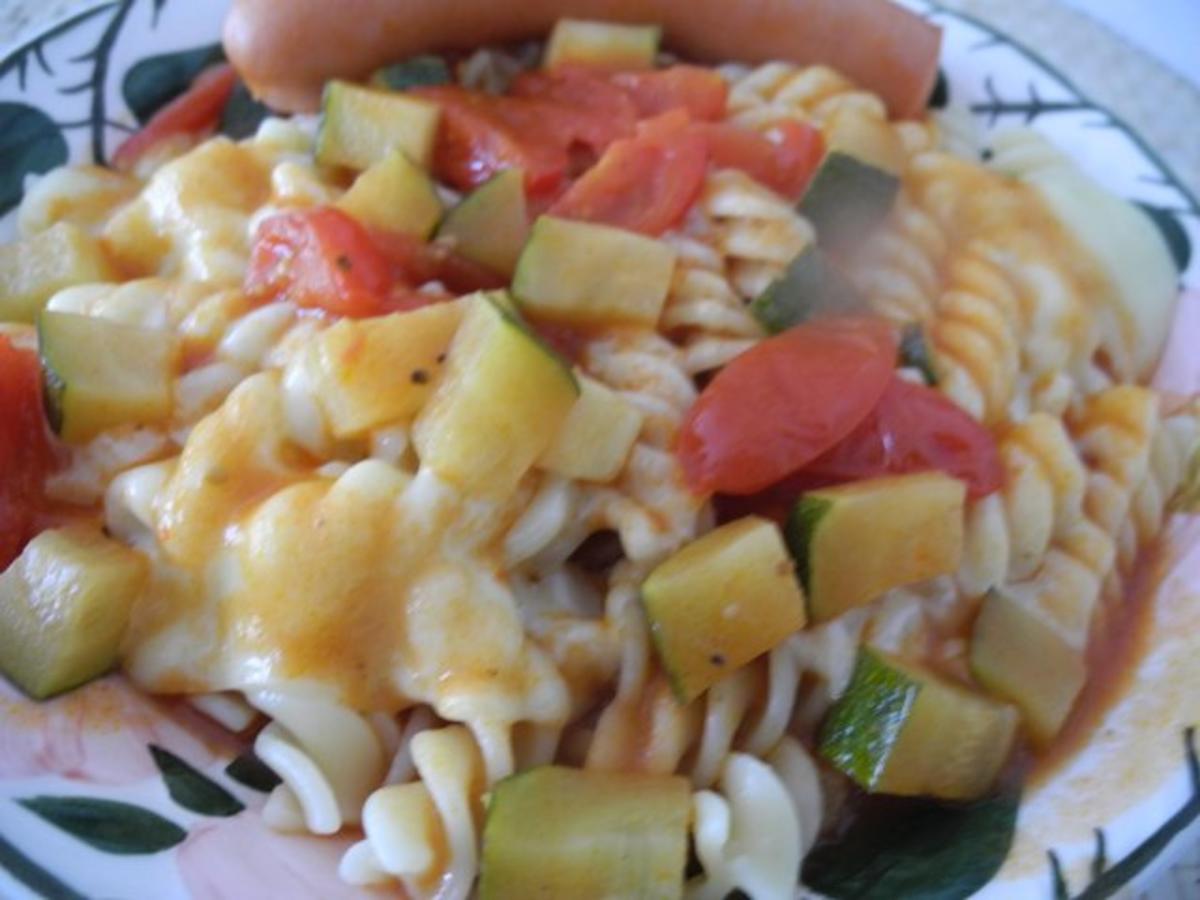 Unter 30 Minuten : Fussili an Tomaten-Paprika-Soße mit Zucchini und Tomaten - Rezept - Bild Nr. 2