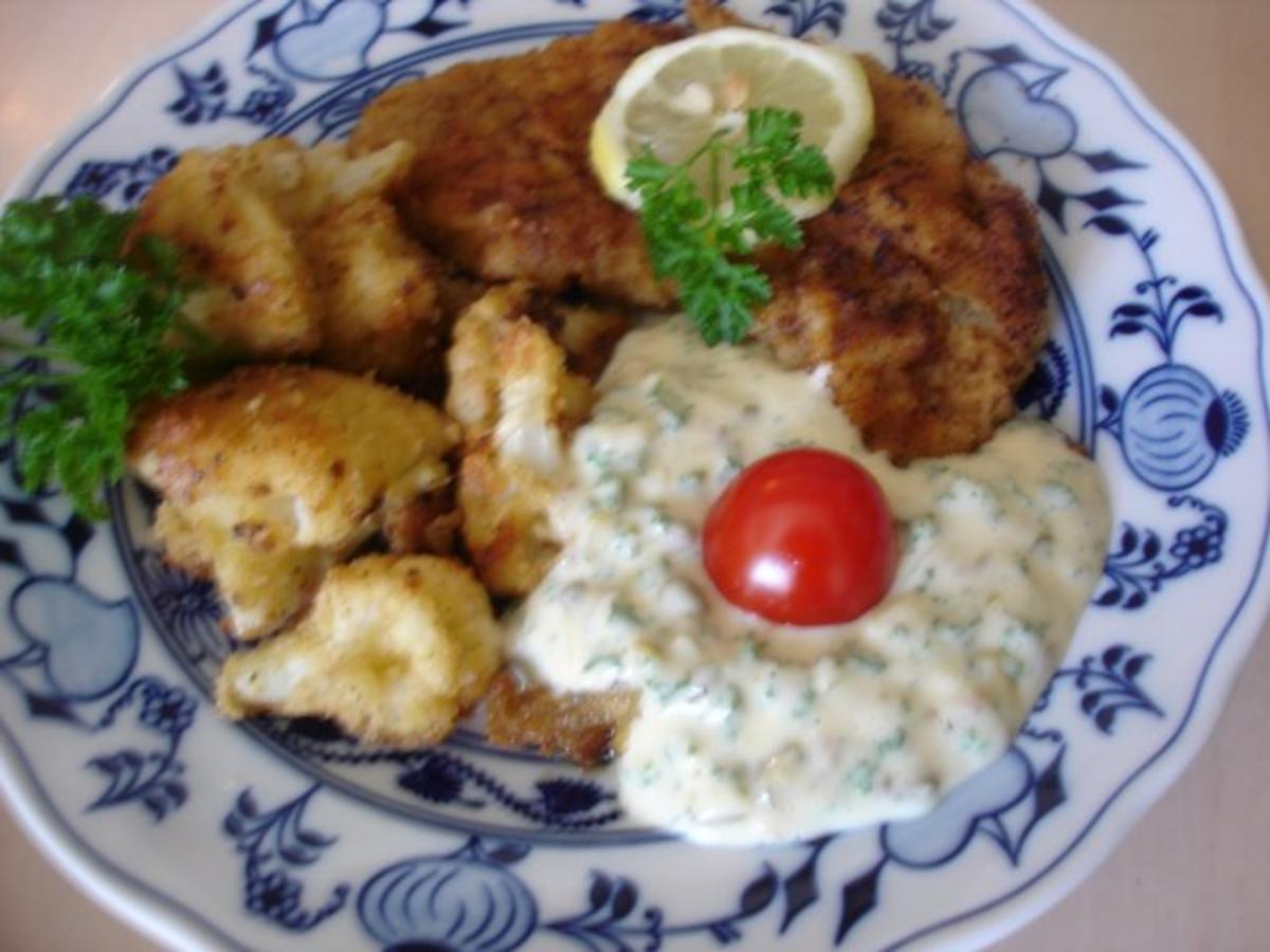 Bilder für Kalbsschnitzel mit gebratenen Blumenkohl und Tatarska Omacka Sauce - Rezept