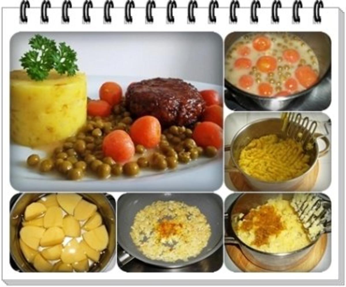Würzige Stampfkartoffeln mit  Bulette und Gemüse dazu. - Rezept - Bild Nr. 2