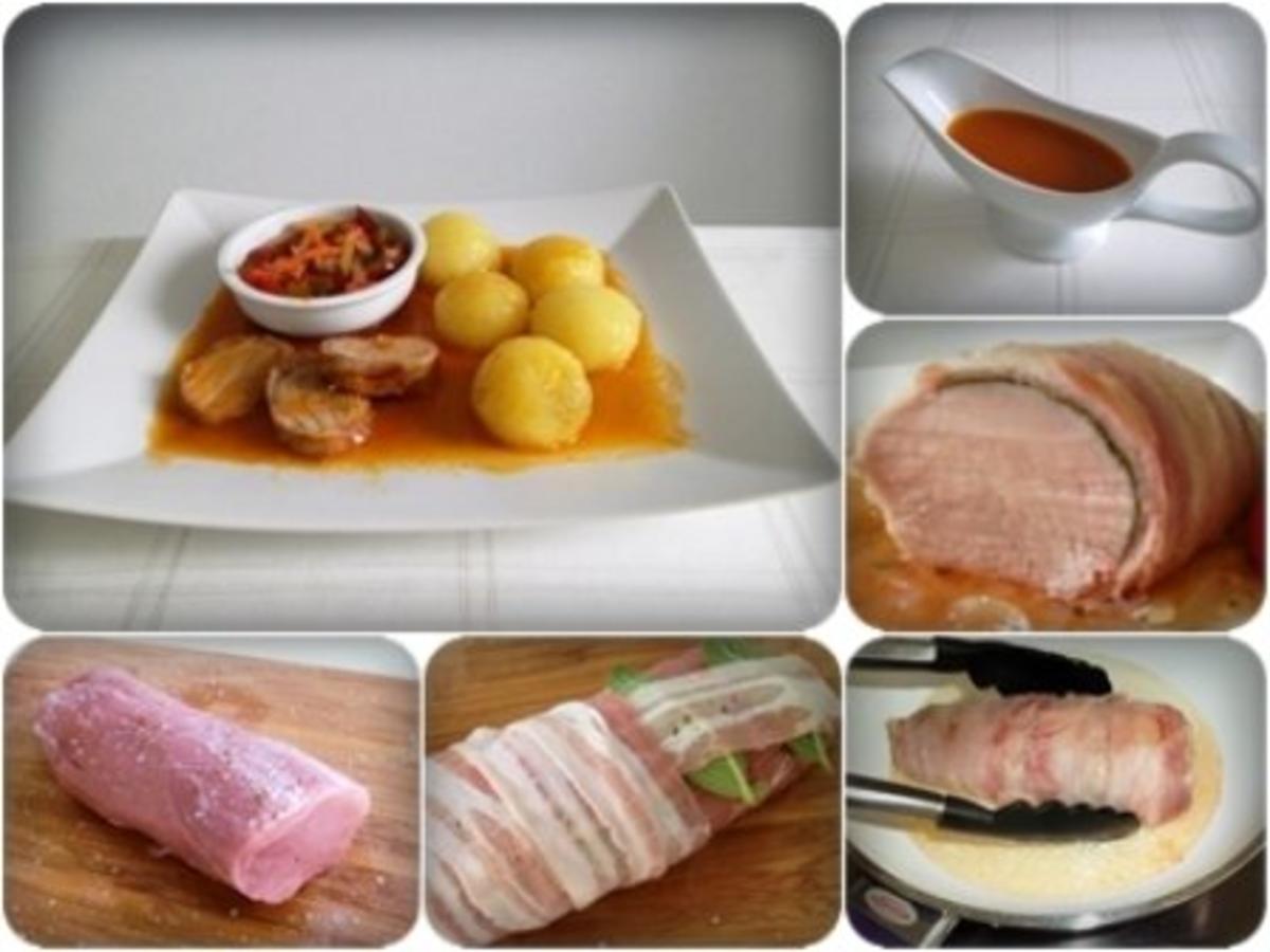 Schweinefilet im Speckmantel mit Kartoffelklößen und Puszta Salat - Rezept - Bild Nr. 3