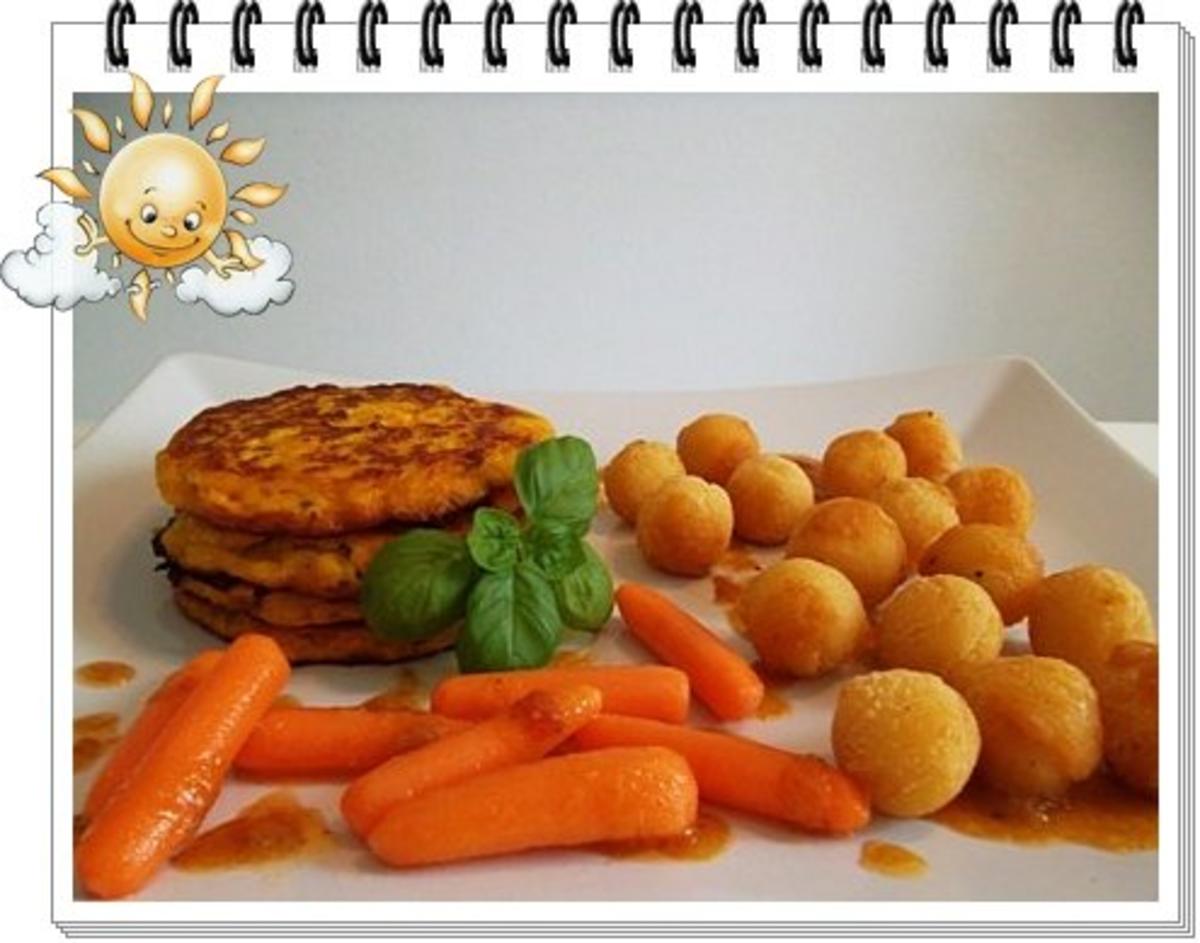 Bilder für Kohlrabi-Möhre Puffer mit Baby Möhren und Kartoffelbällchen dazu - Rezept